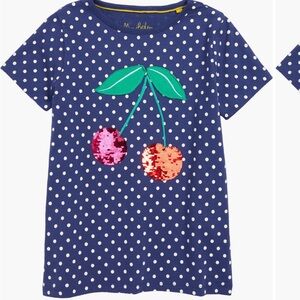 Mini Boden blue Polka Dot Cherry sequin Kids Shirt sz 9-10